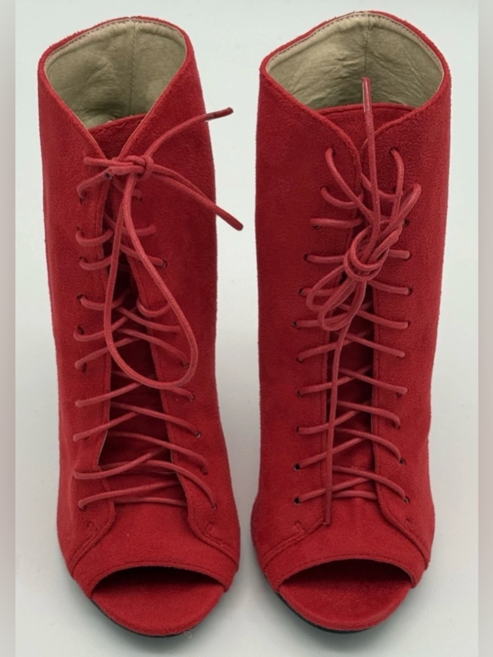 GATUXUS Red Suede Lace Up Ankle Boots Peep Toe Platform High Heel Booties